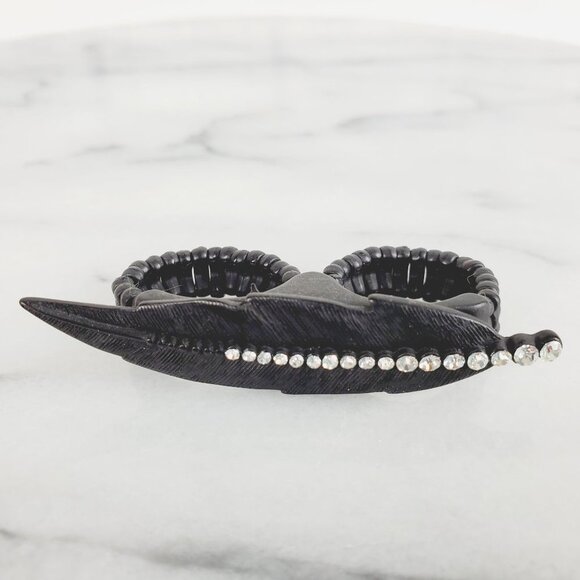 Black Leaf with Crystals Two Finger Ring - Picture 7 of 7